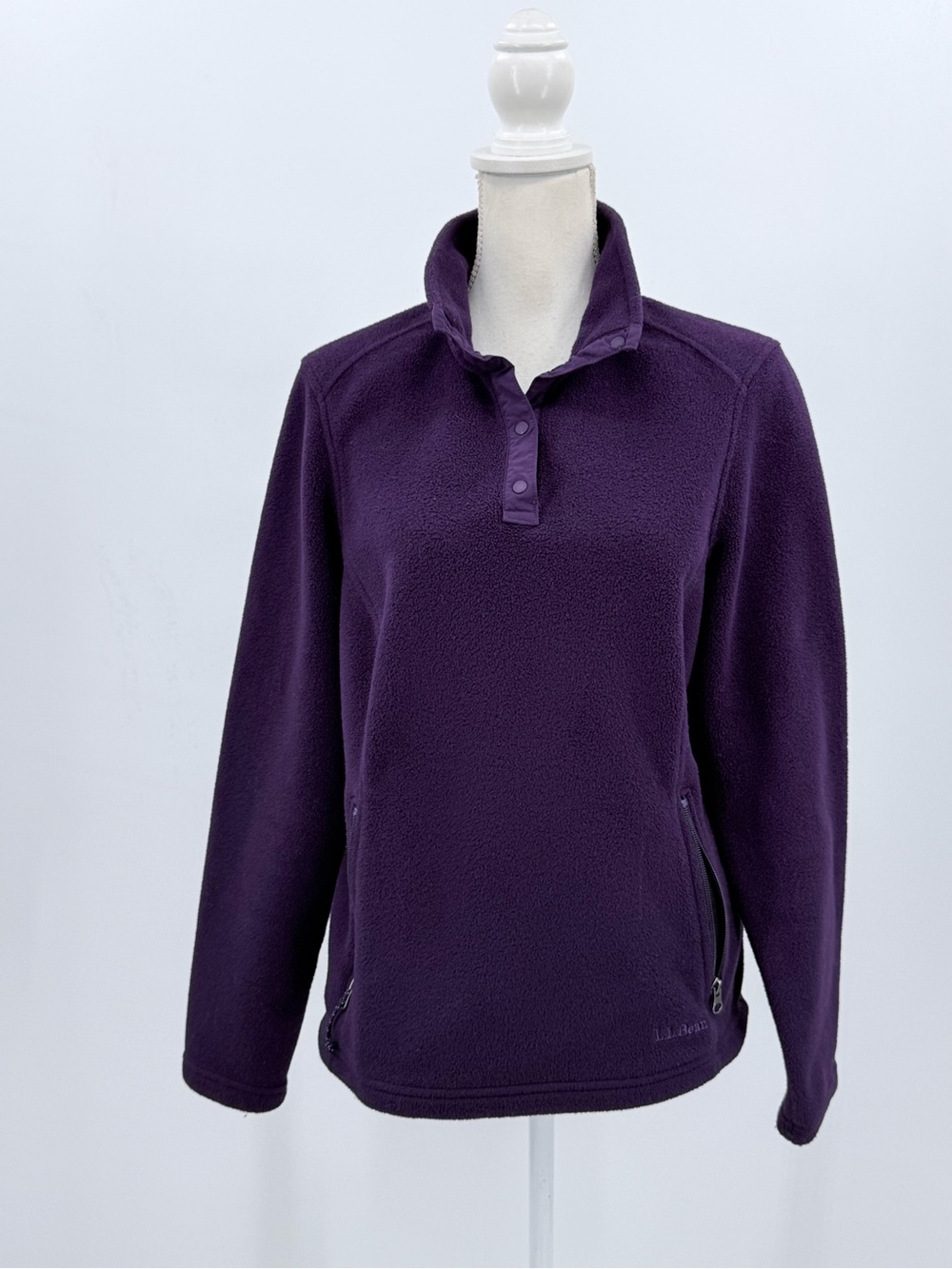 L.L.Bean Womens Fleece Pullover M Medium Plum Purple Snap Neck Zip Pockets